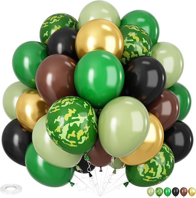 Green and Brown Balloons, 12 Inch Camo Balloons Brown, Sage Green and Metallic by Adorely