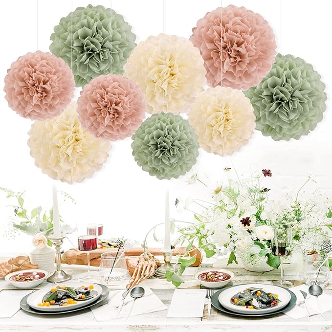 EASY JOY Sage Green Tissue Pom Poms Paper Flowers Decorations Natural Green - Image 4
