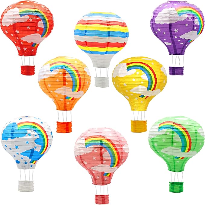 8 Pcs Rainbow Hot Air Balloon Paper Lanterns, 12 in Hanging Ceiling Decor | by YIOTJUNL