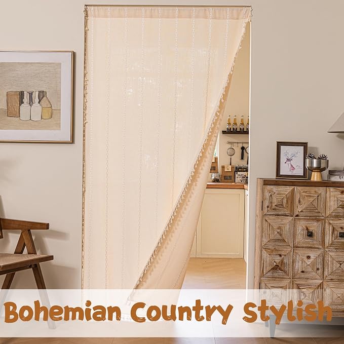 Sutuo Home Boho Sliding Door Curtains, Bohemian Semi Blackout Curtains Tassels - Image 3