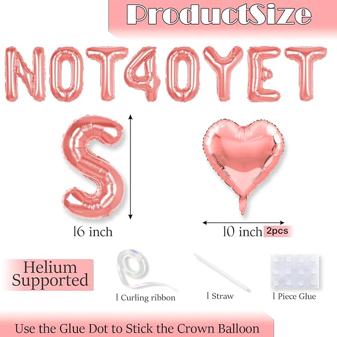 Rose Gold Gold Not 40 Yet Banner, 16 in letter NOT 40 YET Balloons 39th - Image 2