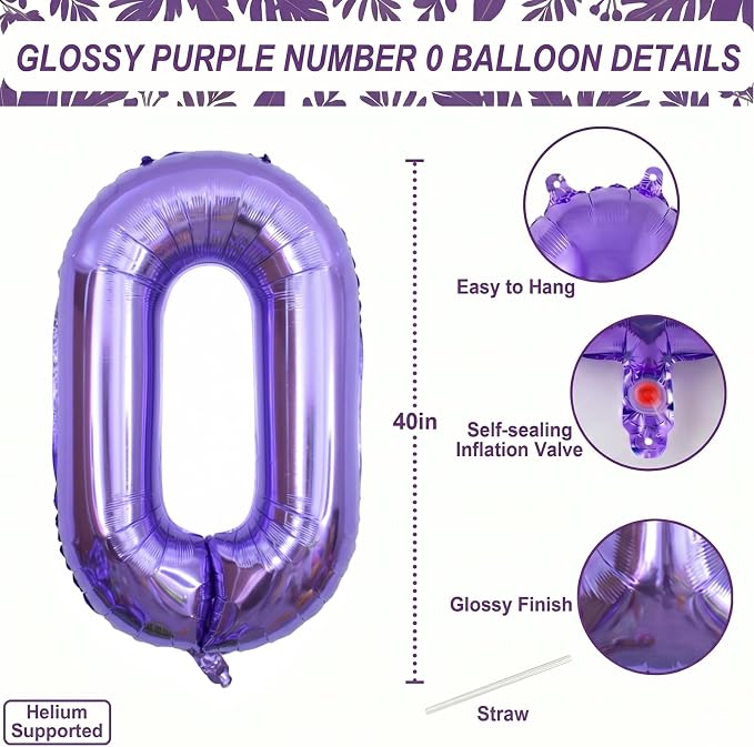 Purple Number 0 Balloon 40 Inch, Large Lavender Mylar Foil Number 0 - Image 4