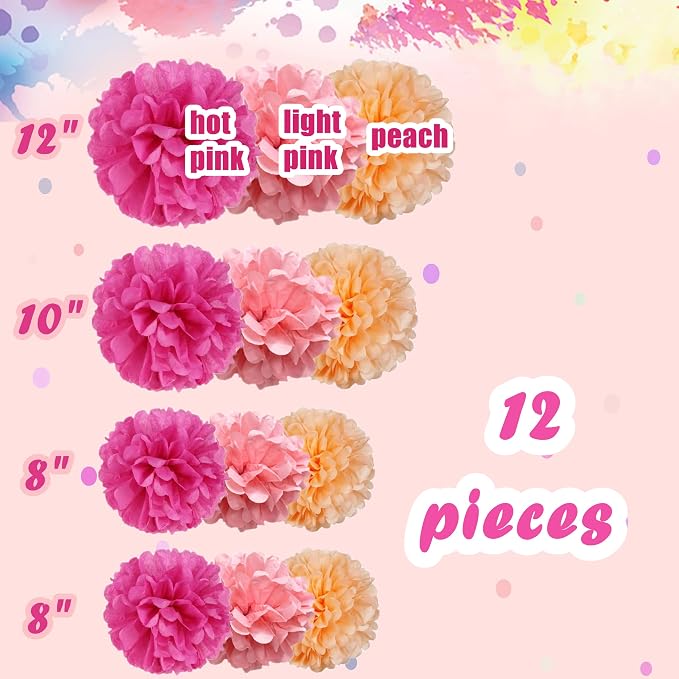 12pcs Pink Paper Pom Poms Set for Party Decor - Image 3