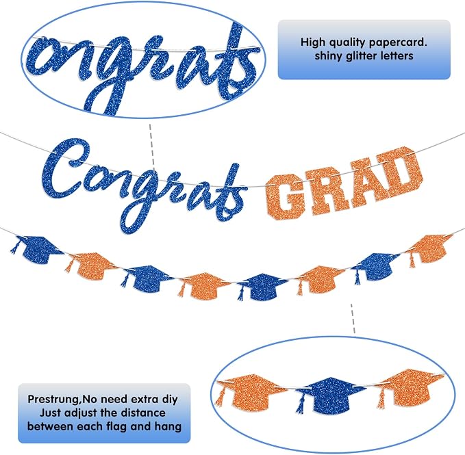 Prestrung Congrats Grad Banner Orange and Blue Graduation Banner - Image 3