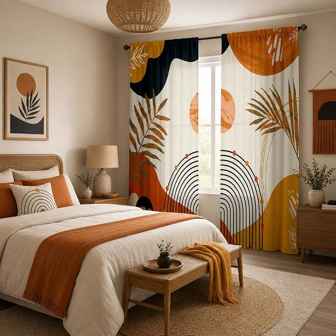 Boho Mid Century Abstract Leaves Curtains 52X84Inch Rainbow Living Room Curtain - Image 3