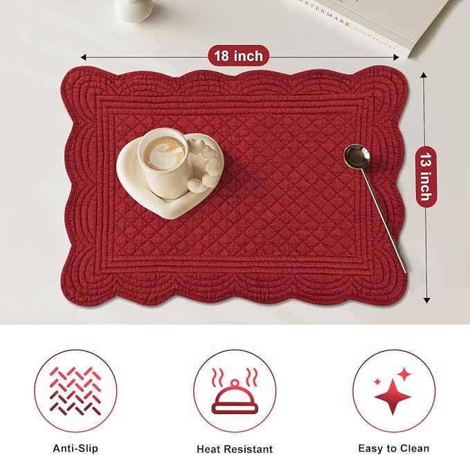 6 PC Quilted Placemats, 100% Cotton Fabric Washable Cloth Table Mats - Image 3