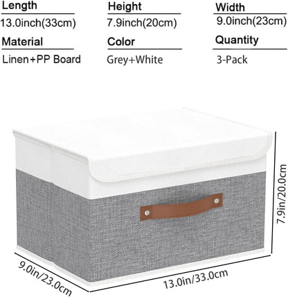 Yawinhe Collapsible Storage Bin, Cube Organizer Basket, Fabric Box with Lids, Washable and Leather Handle, for Home, Closet, White/Grey, 13.0''Lx9.0''Wx7.9''H, 3-Pack, SNK024WGS-3