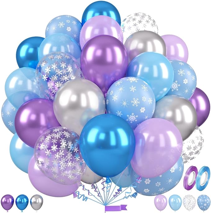 Frozen Balloons, 12 Inch Blue and Purple Balloons, Metallic Silver Blue Frozen by Saxuxu