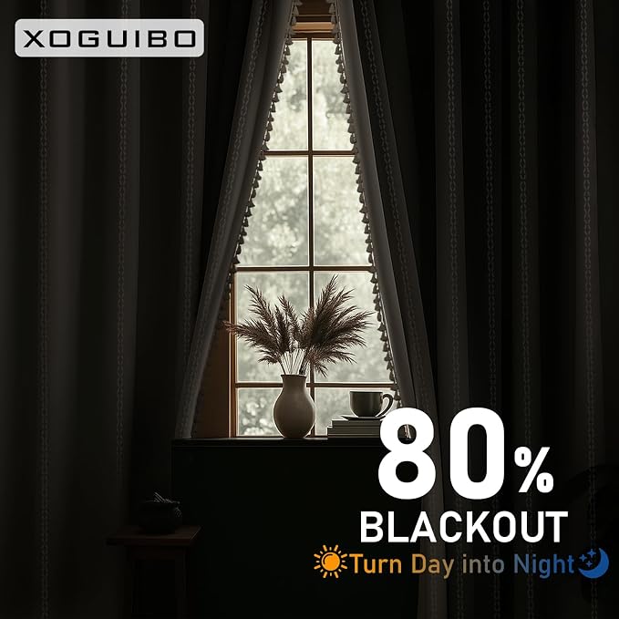 80% Boho Blackout Curtains 84 Inch Linen Blend Drapes 2 Panels | Vintage - Image 3
