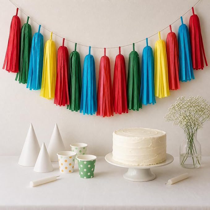 Red Green Blue Yellow Tassels, 20 Pack | Tassel Garland Party Banner Supplies - Image 2