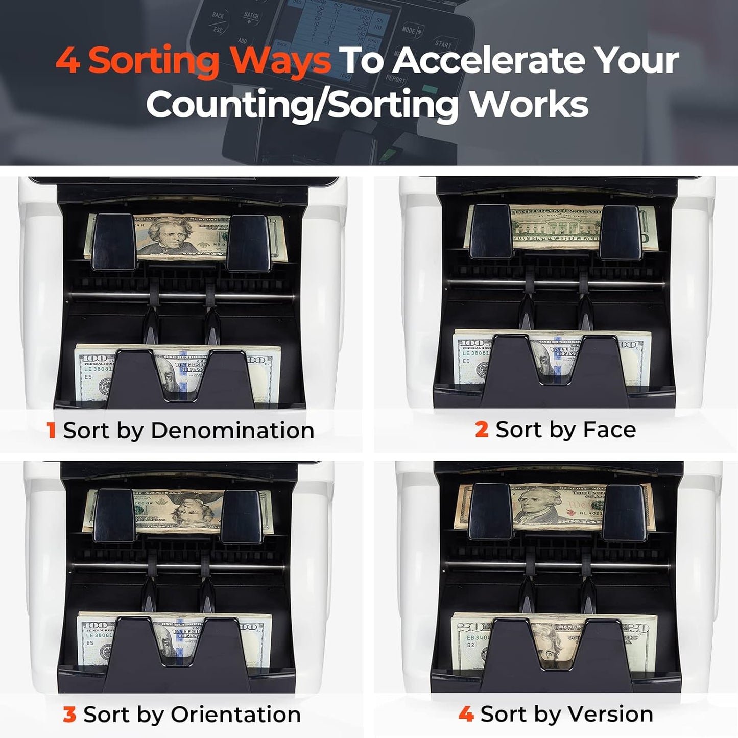 MUNBYN IMC40 2-Pocket Money Counter Machine Mixed Denomination and Sorter, Built-in Printer, Sort on DENOM/FACE/ORI, Value Counting, Counterfeit Detection 2 CIS/UV/MG/IR, Touch Screen, 2Y Protection