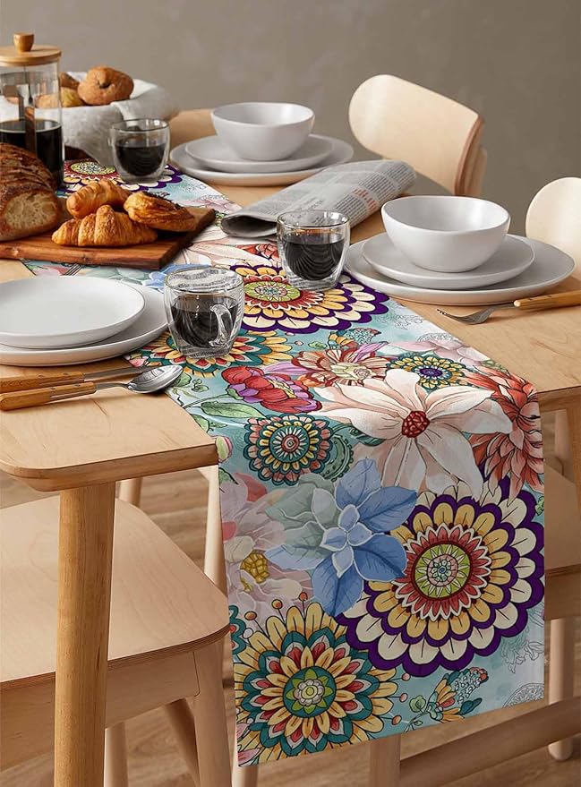 Boho Flowers Cotton Linen Table Runner for Dining Kitchen, Wedding Outdoor Party Tablerunners Decoration, Colorful Floral Farm Vintage Botanical Dresser Scarf Coffee Tablecloth Runners 13x108 Inches