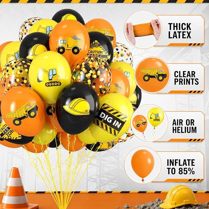 Construction Balloons, 12 Inch Black Yellow Orange Truck Printed Confetti - Image 3