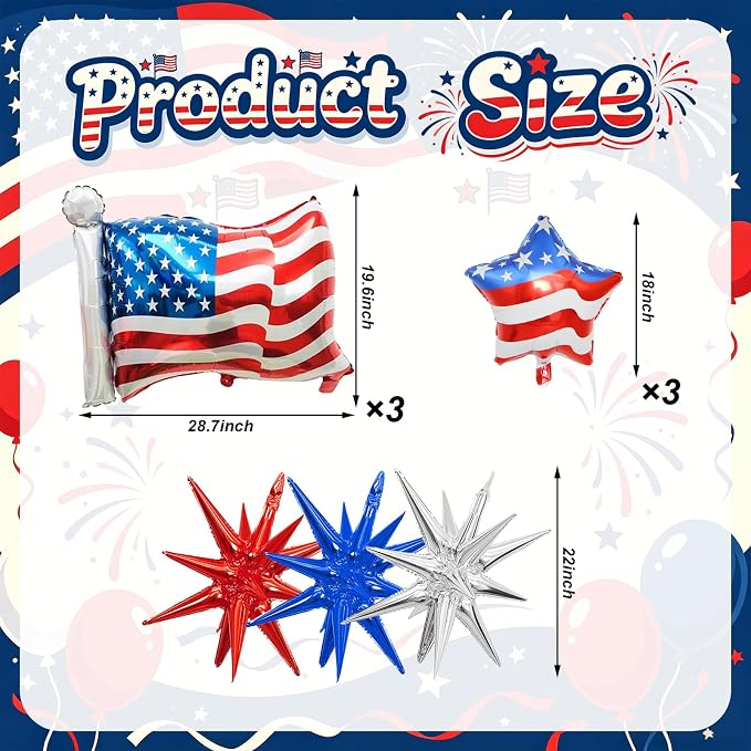 9Pcs 4th of July Balloons American Flag Foil Balloons Patriotic Independence - Image 2