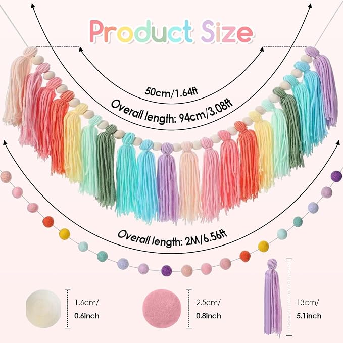 2pcs Boho Tassel Garland, Pom Pom Tassel, 6.5 Feet Long 20 Balls Ball Garland - Image 3