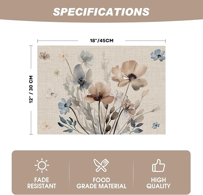 Artoid Mode Brown Poppy Floral Vinyl Spring Placemats Set of 6, Wipeable - Image 6
