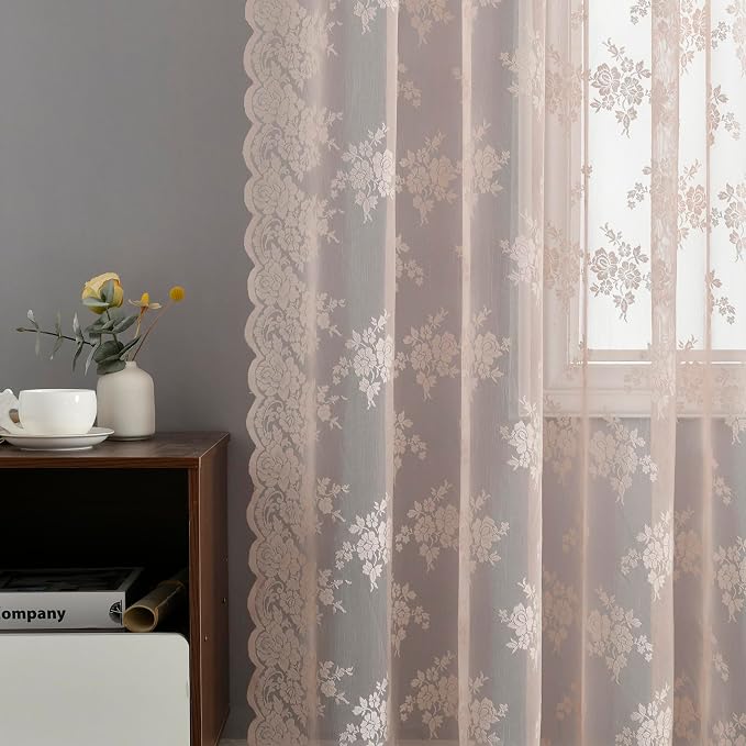 Kotile Blush Pink Floral Lace Curtains - Image 4