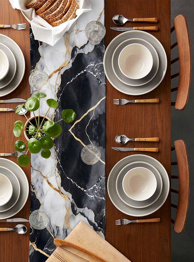 Black White Marble Cotton Linen Table Runner for Dining Kitchen, Wedding Outdoor Party Tablerunners Decoration, Nature Marble Crack Modern Art Dresser Scarf Coffee Tablecloth Runners 13x108 Inches
