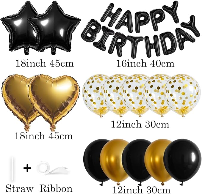 27 Pcs Black Gold Birthday Decorations, 3D Letters Black Happy Birthday Balloon - Image 2