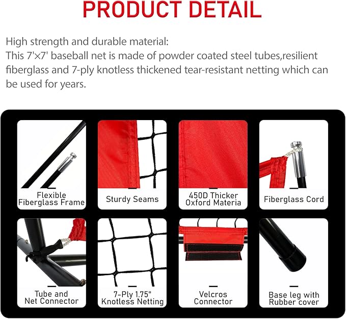 7×7FT Baseball net, Pitching net with Strike Zone Target, Baseball&Softball Practice net with Sturdy Bow Frame and Stable Base,Portable Practice net for All Ages and All Skilled Levels