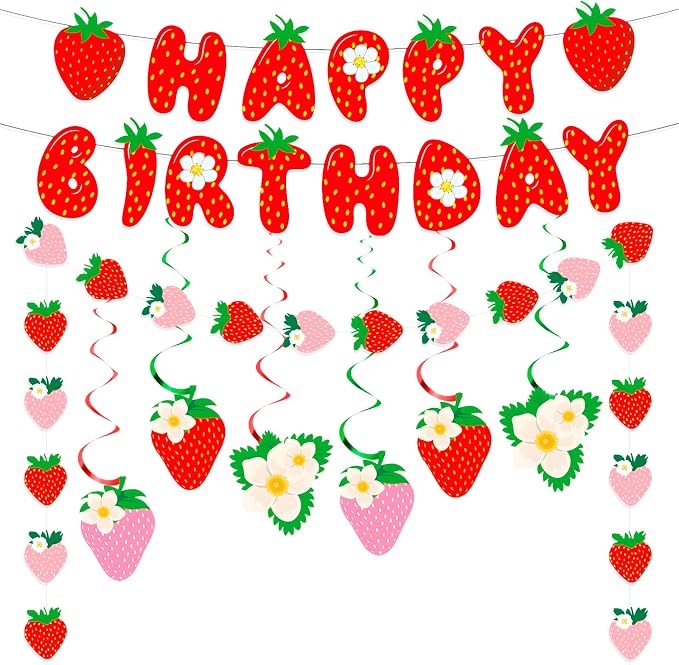 MEETINGU Strawberry Happy Birthday Banner Set, Strawberry Themed Birthday Party by MEETINGU