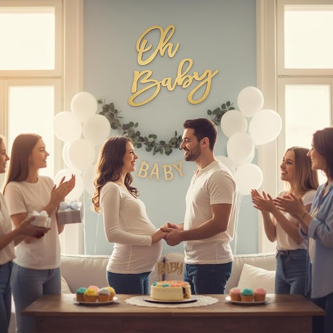 Oh Baby Sign for Backdrop, Large Wooden Baby Shower Sign Gold Letters Party - Image 6