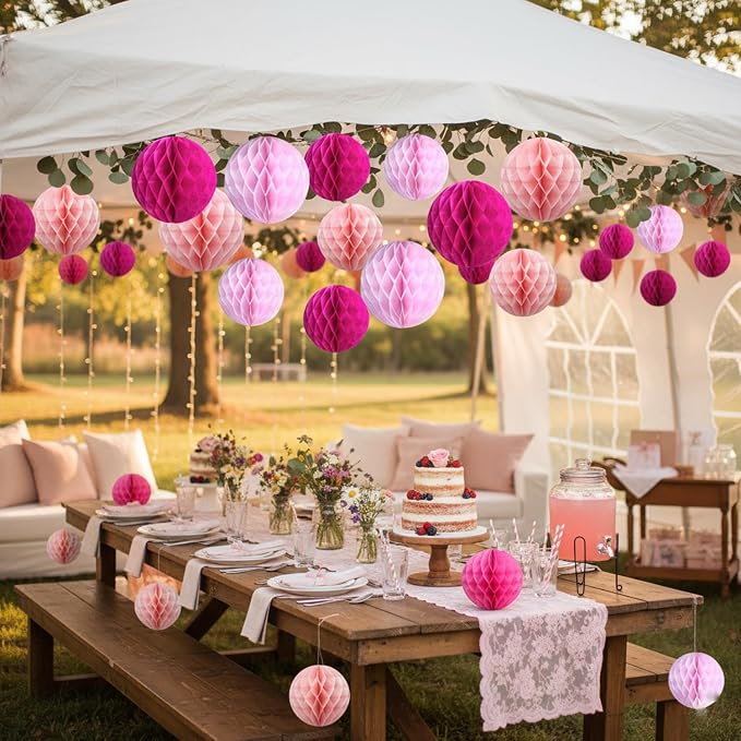 Hot Pink Paper Honeycomb Balls, 12 Pack Hanging Tissue Pom Poms - Image 2