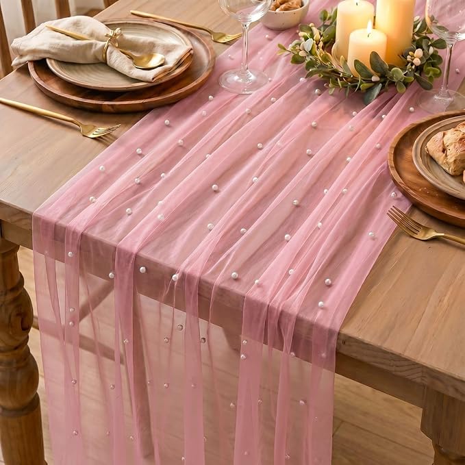 Artoid Mode Pearl Pastel Pink Gauze Table Runner 120 Inch 10FT, Seasonal Sheer - Image 3