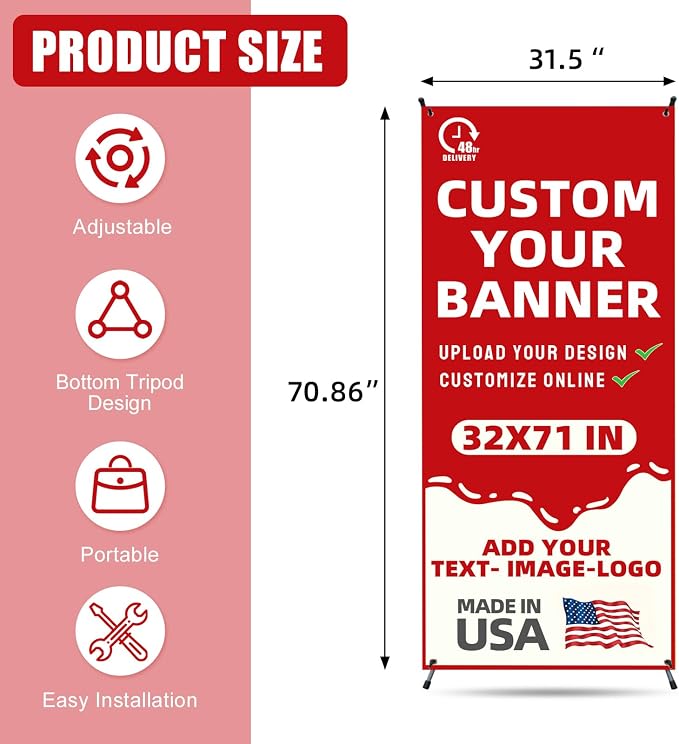 Custom Banner with X Stand 32" X 71", Banners and Signs Customize, Portable - Image 2