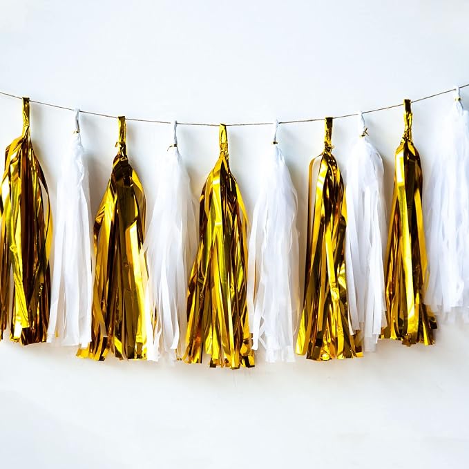 Gold and White Tassel Garland, Paper Tassel Banner, Table Decor, DIY Kits - by CC+wonderland+zone