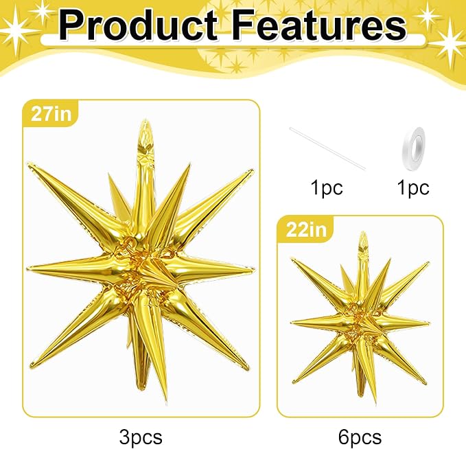 9Pcs Gold Star Balloons, Large Explosion Star Foil Balloons, Metallic Gold - Image 2