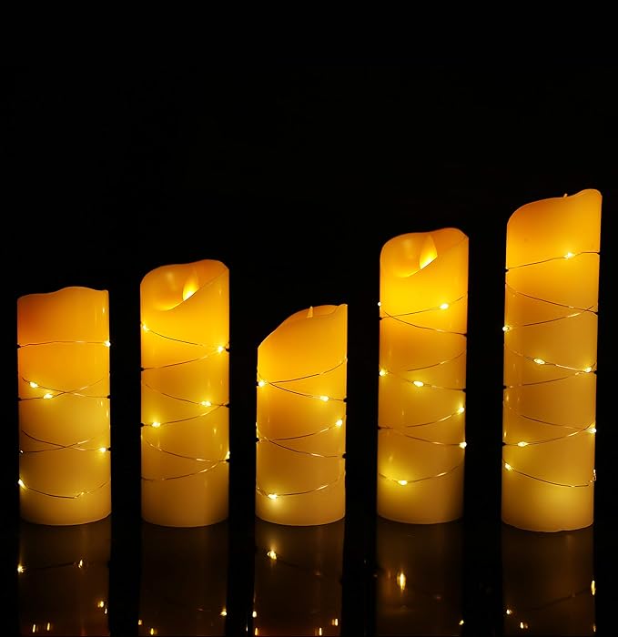 danip flameless Candle, with Embedded String Lights, 5-Piece LED Candles, with 10-Key Remote Control, 24-Hour Timer Function, Dancing Flame, Real Wax, Battery-Powered. (Ivory White)