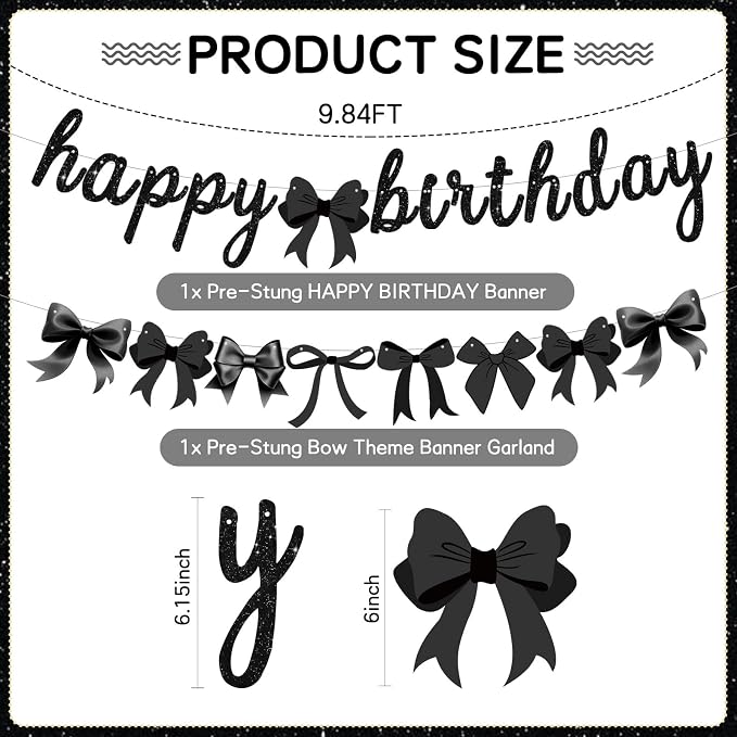 2pcs Glitter Black Bow Party Banner Pre-Strung Happy Birthday Decorations Bow - Image 2