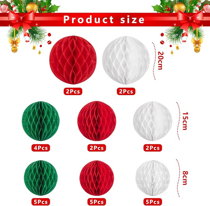 SUNBEAUTY 27 PCS Red Green White Christmas Party Hanging Honeycomb Decorations - Image 2