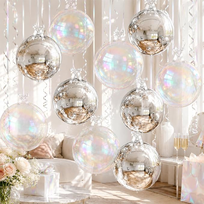 8 Pcs Silver Balloons and Iridescent Round Foil Balloons Holographic Metallic - Image 6