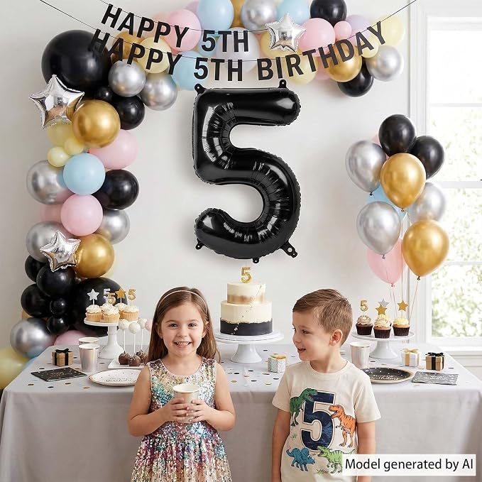 Black Number 5 Balloon 40 Inch, Glossy Foil Numeral - Image 2