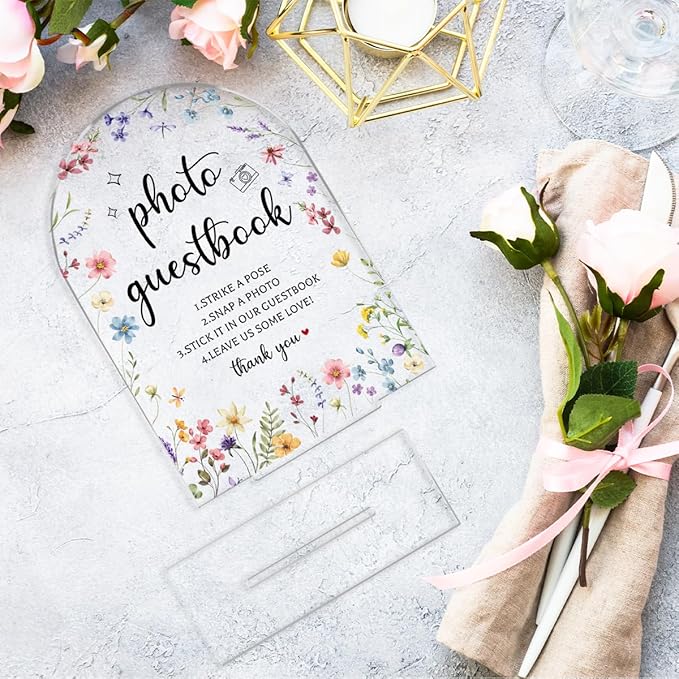 Wedding Sign Decor, Photo Guest Book Sign, Wedding Sign for Reception & Event Party, Bridal Shower Decorations, Wedding Table Sign Accessories for Event 5x7 Inch Arch Acrylic (Flower)