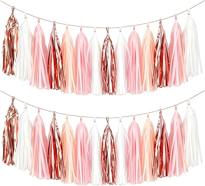 Rose Gold Peach Tassel Garland Banner, 30 Pack Paper Tassels Streamers by SIPRKAICT