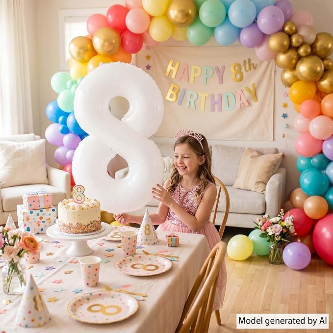 White Number 8 Balloon 40 Inch, Large White Foil Mylar 8th Birthday Decorations - Image 3