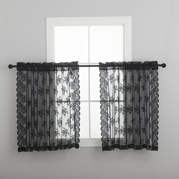 Kotile Black Lace Curtains for Kitchen Windows, W42 x L45 Inch, 2 Panels | Rod - Image 7