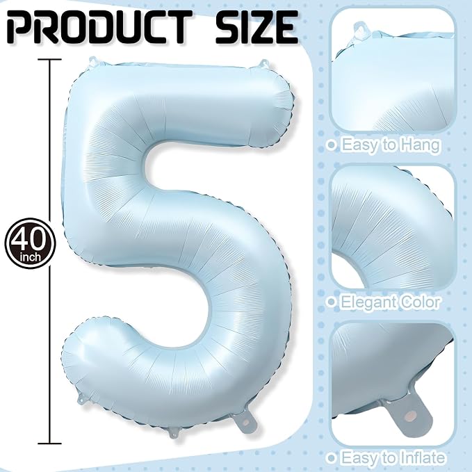 Big Number 5 Balloons, Dusty Light Blue Foil 5 Balloon Numbers 40 Inch - Image 2