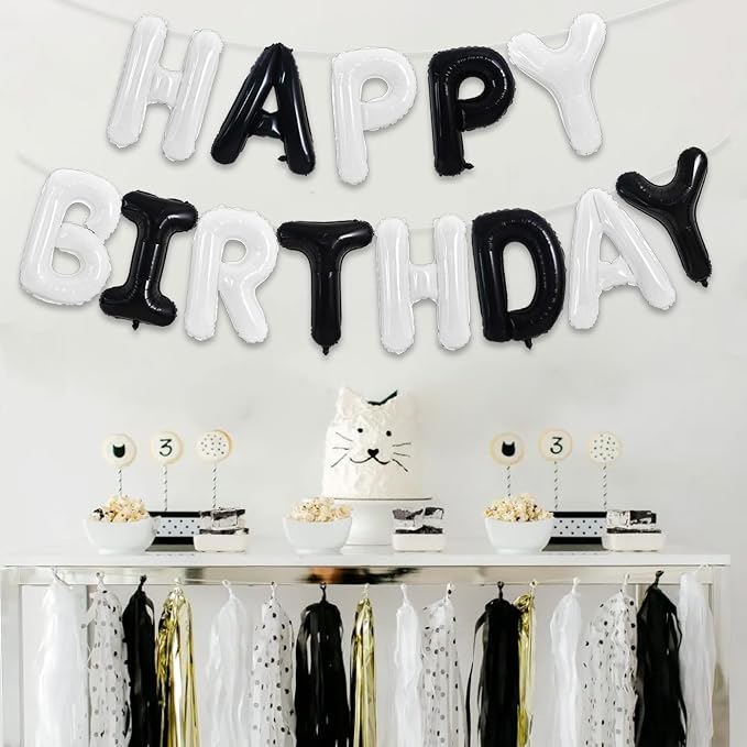 TONIFUL 16 Inch Black and White Happy Birthday Balloon Banner Decorations | - Image 3