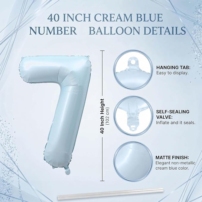 Baby Blue Number 7 Balloon 40 Inch, Foil Pastel Numeral Party Supplies | - Image 4