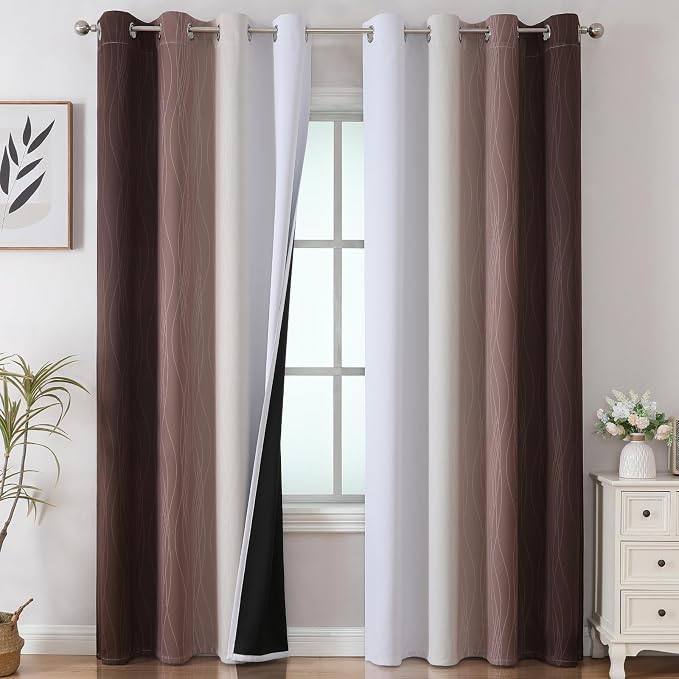 Brown and Greyish White Gradient Blackout Curtains 102 Inches Long by ESTELARTEXTILER