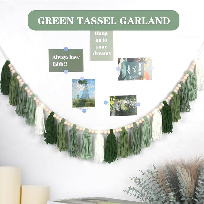 Green Boho Yarn Tassel Garland Sage Green Garland Wall Hanging Decor Forest - Image 2