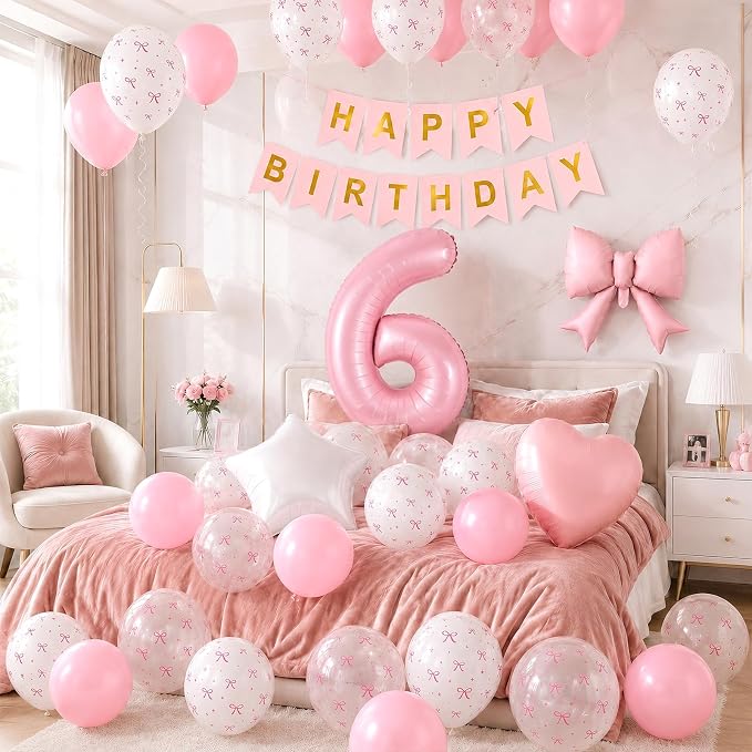 6th Pink Bow Birthday Decorations, 6th Birthday Balloon | Pink White Pastel Bow - Image 4