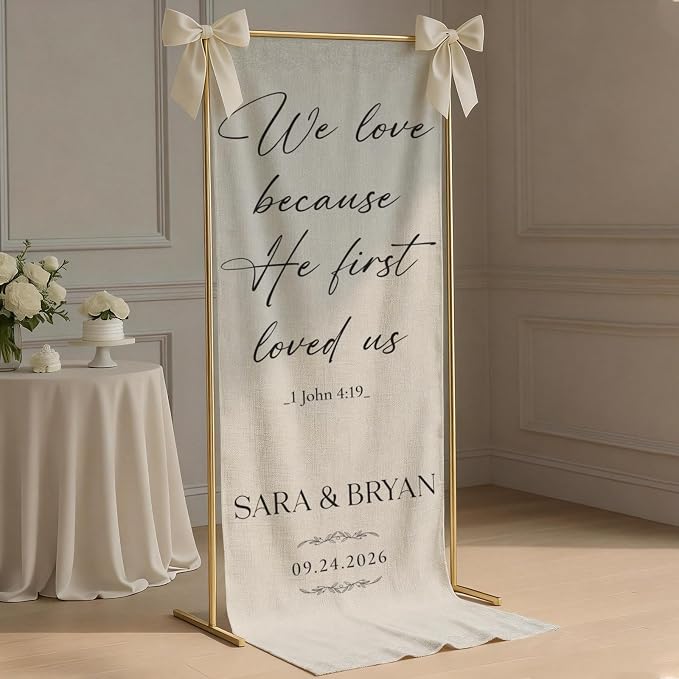 Christian Bible Verse Wedding Linen Wall Tapestry, 1 John 4:19 Scripture Love - Image 3