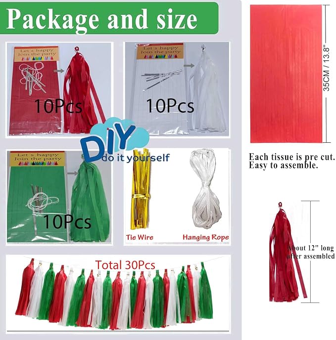 Red White Green Christmas Tissue Paper Tassel Garland Holiday Banner DIY - Image 2