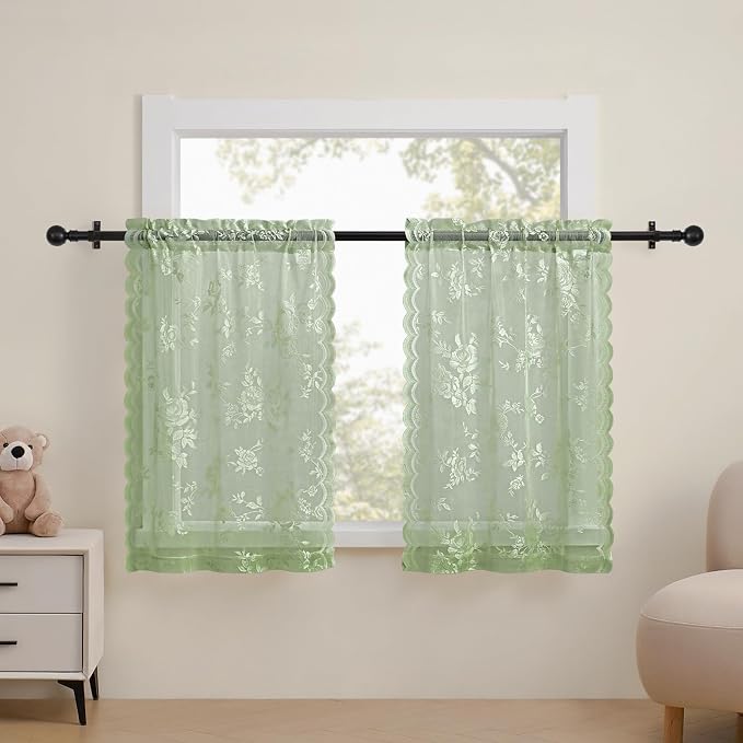 Sage Kitchen Curtains 30 Inch Length Rod Pocket Light Filtering Sheer Lace Cafe by SEEKRIGHTHomeDecor