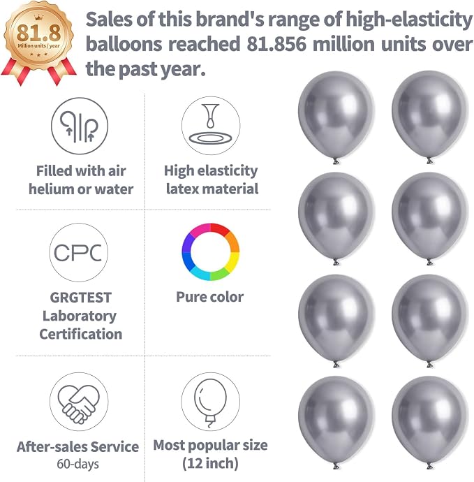 110pcs Metallic silver Balloons, Metallic silver Latex Balloons 12 inch - Image 2
